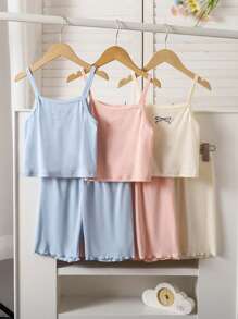 Tween Girl 6 件套 淡粉色、杏色、蓝色吊带背心、针织爱心和蝴蝶结刺绣短裤和汗衫休闲内衣套装，春夏 - 彩色 - 查看 1