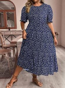 SHEIN VCAY Plus Size Vacation Casual Mini Ditsy Floral Puff Sleeve Dress Flowy Dress - Navy Blue - View 1