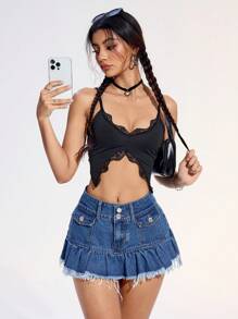 SHEIN EZwear Chân váy chữ A denim viền thô viền rách cho nữ, phong cách thường ngày ở trường học, phù hợp với mọi mùa - Rửa trung bình - Xem 2