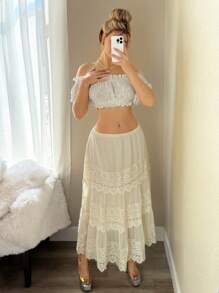 Sweetina Women's Boho Long Woven Fabric Skirt With Frill And Lace Details - Beige - View 5