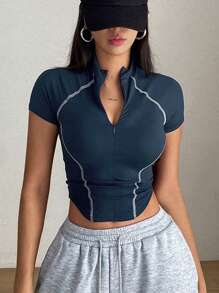 DAZY 女式撞色条纹装饰半襟立领休闲街头风格运动短袖修身T恤上衣、女式短款上衣、返校服 - 藏蓝色 - 查看 7