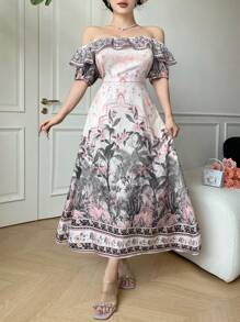 DAZY Women's Summer Off-Shoulder Bohemian Ditsy Floral Mid-Length Sleeve Midi Dress - White - View 6