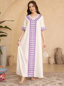 V-Neck Loose Long Dress With Short Sleeves For Teenage Girls, Summer - Multicolor - View 6