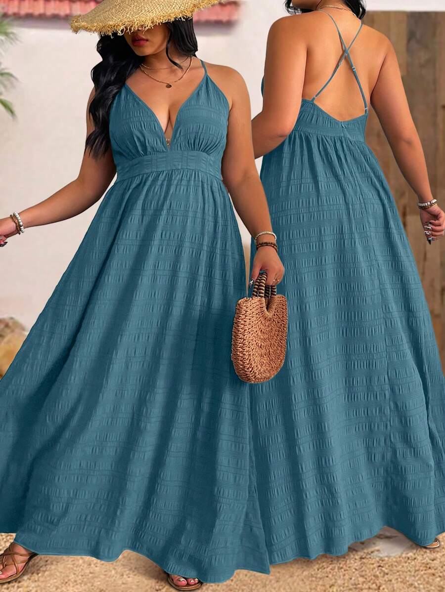 SHEIN Holidaya 大码女式纹理露背吊带海滩度假连衣裙，夏季 - 霧霾藍 - 查看 1
