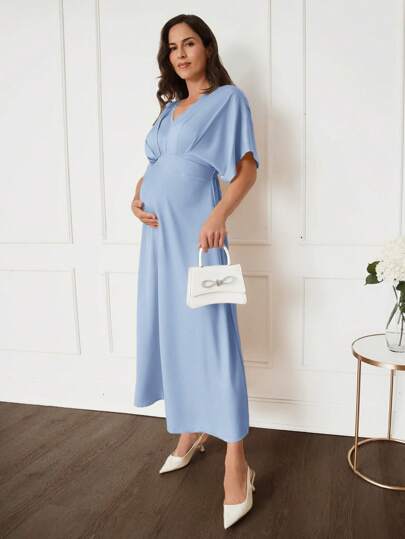 MaterniWear MaterniChic Elegant Flowy Maternity Dress, Khaki Loose Fit Casual Formal Midi Dress