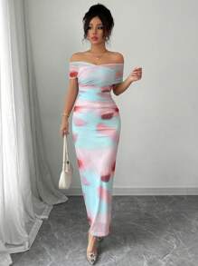 Elenzga 女式优雅露肩几何网布印花修身粉彩连衣裙，春夏 - 彩色 - 查看 6