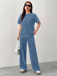 SHEIN PETITE Spring And Summer Home Casual Round Neck Short-Sleeved T-Shirt + Straight Trousers, Old Washed, Fried Snowflakes Loose Suit - Blue - View 5