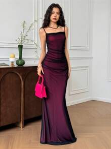 EastFlair 女士纯色荷叶边鱼尾下摆修身优雅连衣裙