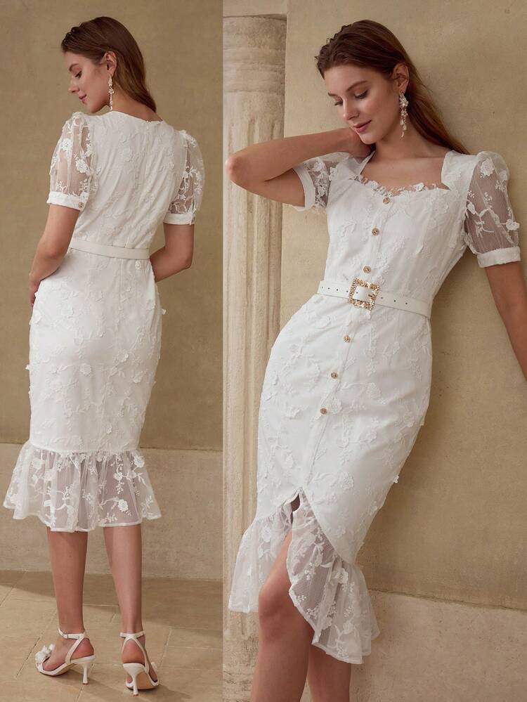 FLORAL EMBROIDERY RUFFLE HEM DRESS
