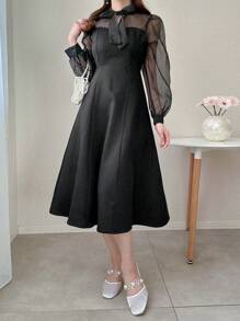 FRIFUL Women's Mesh Patchwork Fall Dress - Black - View 2