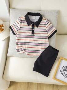 SHEIN مجموعة ملابس علوية كاجوال فضفاض مضفر وشورت مزين بشريط مخطط ملائمة لحديث الولادة ذكر/أنثى ، مناسبة للربيع/الصيف ، ارتداء المنزل ، الخروجات ، الحفلات - الأزرق - مشاهدة 5