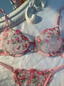 Esselle 2pcs/Set Women's Heart-Shaped Rhinestone Decorative Embroidered Sexy Lingerie Set - Pink - View 4
