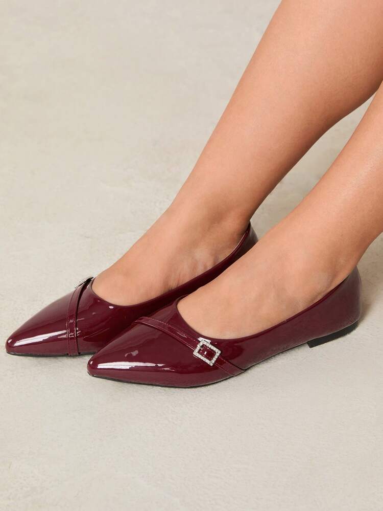 CUCCOO CURVES Plus Width & Fit Wine Red Pointed Toe Flat Shoes, Elegant Casual Wear For All Seasons