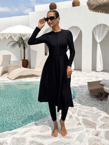 Swim Mulvari 2pcs Women Zip-Up Long Sleeve Burkini Swimsuit Set With Swim Bottoms For Summer Beach Vacation