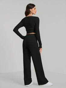 SHEIN Tall 2 件套女士纯色圆领长袖罗纹针织上衣和裤子休闲套装，春/秋 - 黑色 - 查看 2