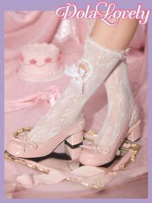 Dola Lovely Bow Decor Mary Jane High Heel Shoes, Elegant Ladylike Pumps - Baby Pink - View 3
