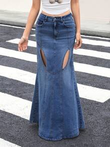 SHEIN EZwear Women's Denim Pencil Skirt, Casual Stretch Bodycon Fish Tail Cut Out Blue