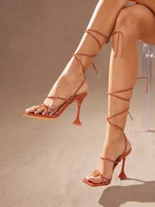 SHUZIA 女士细交叉踝带细高跟性感女性夏季派对漆皮棕色高跟凉鞋