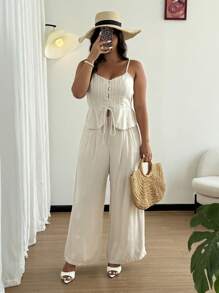 SHEIN Clasi 2 件套休闲简约夏季亚麻女式吊带背心和裤子套装 - 米色 - 查看 6