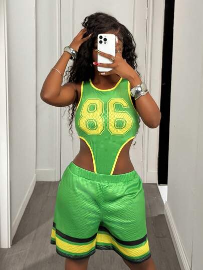 BamGleam 女士宽松休闲圆领字母网眼绿色紧身衣