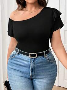 Elenzga Plus Size Women's Casual Versatile Open Shoulder Double-Layer Ruffle Sleeve Tight Fitted Short Sleeve T-Shirt - Black - View 5