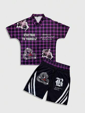 Chemise à manches courtes avec imprimé slogan à carreaux et shorts costume décontracté pour hommes