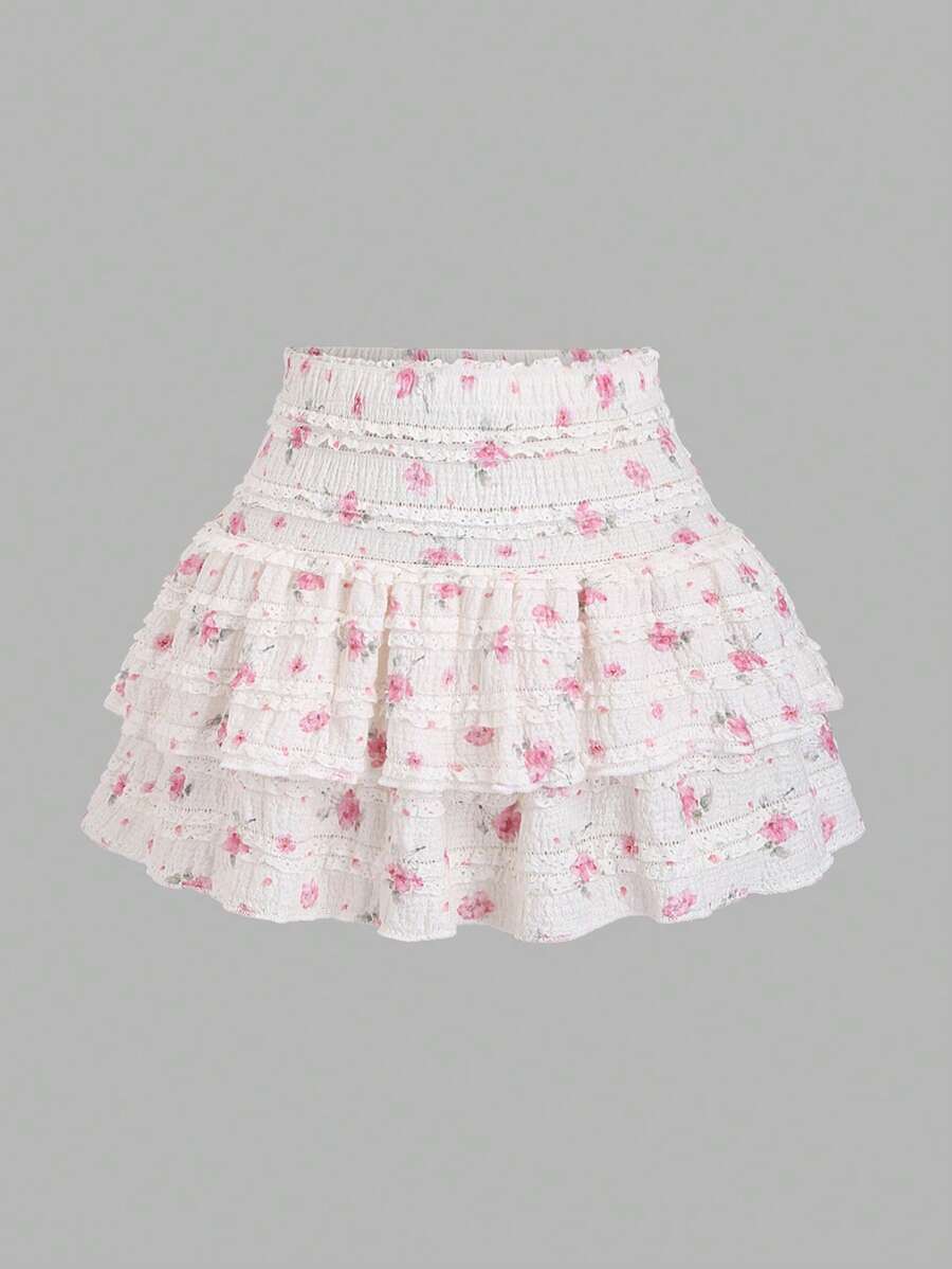 Sweetra Sweet Ditsy Floral Layered Ruffle High Waist Mini Skirt, For Spring/Summer - Apricot - View 1