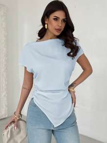 Firerie 女士优雅不对称下摆闪亮衬衫 - 淺藍色 - 查看 5