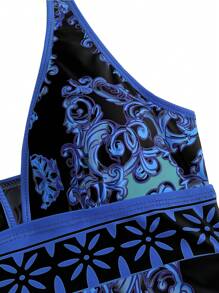 Swim Lushoire Plus Size Women Floral Print Spaghetti Strap Tankini, Blue & White Porcelain Pattern Two Pieces Swimwear Set, Elegant Ladies Holiday Beach Wear For Summer Beach Vacation - Multicolor - View 7