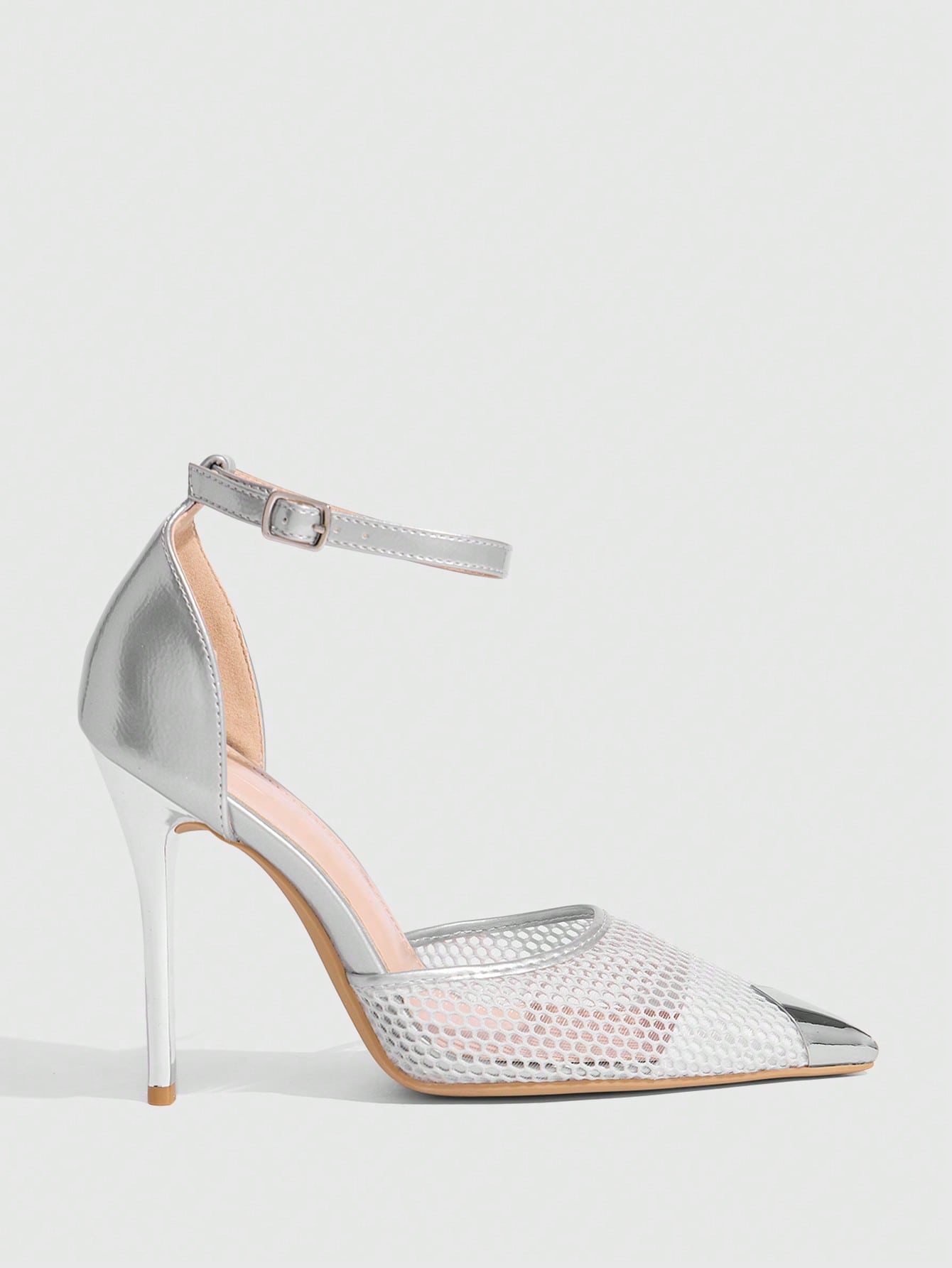 CUCCOO SZL 섹시하고 패셔너블한 뾰족한 발끝 메탈 버클 실버 통기성 메쉬 스트랩 여성 스틸레토 하이힐 홀로우 아웃 펌프스