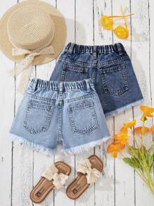 SHEIN Set de 2 pantalones cortos vaqueros desgastados en azul marino y azul claro para niñas jóvenes