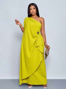 SOLERSUN 大码女式时尚纯色优雅垂坠单肩宽松长裙，配金色饰边细节不对称连衣裙，春夏，婚礼季节，无袖长裙 - 綠色 - 查看 4