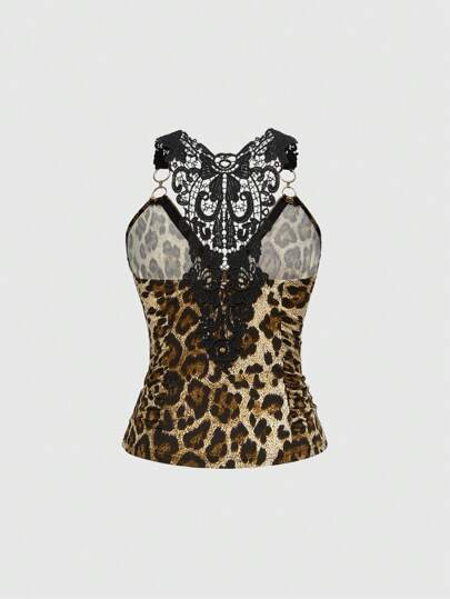 J-Fashion Retro Y2K Leopard Print Fabric Elegant Crew Neck Cross Decor Lace Patchwork Backless Tank Top, Summer For Women