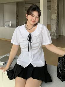 Dazy Plus Plus Size Peter Pan Collar Tie Waist Short Sleeve White Blouse - White - View 1