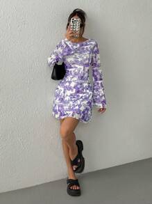 Muchica Women Fully Allover Print Flared Sleeve Backless Mesh Dress - Lilac Purple - View 6