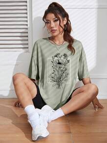 INAWLY 女士休闲花卉印花落肩圆领 T 恤，夏季 - 橄欖綠 - 查看 3