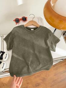 SHEIN 1 件年轻男孩休闲运动学院日韩宽松水洗柔软舒适圆领T恤适合孩子返校适合生日派对、聚会、表演、婚礼、洗礼、返校日常适合上学适合旅行适合运动适合春夏季 - 橄欖綠 - 查看 14