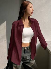 DAZY Oversized Red Street-Style Long Sleeve Women Shirt,Fall Clothes - Red - View 4