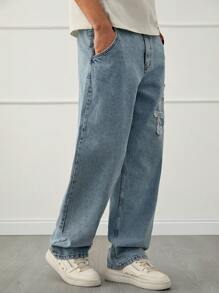 RueChic Men Steet Life Light Blue Washed Cross Patched Straight Leg Jeans - Blue - View 4