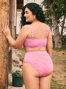 Swim Mod 1 Set Plus Size Women's Sweet Pink Tie-Front Bikini Swimwear - Pink - View 3