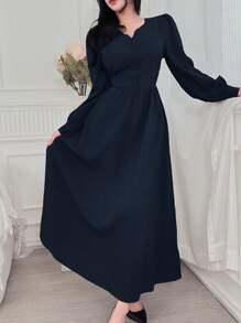 Feyla Abito elegante da donna a maniche lunghe con scollo a V, tinta unita - Blu Navy - Visualizzare 3