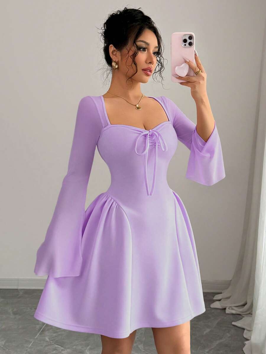 Selianne Neues Damen Mesh Patchwork Kleid mit geraffter Taille und Schleife am Kragen, A-Linie, tailliert, modisch, vielseitig, jung, elegant, sexy, Mini-Kleid - Violett - Übersicht 1