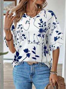 EMERY ROSE 女士植物印花圆领落肩宽松休闲 T 恤 - 白色 - 查看 3