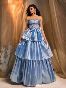 Glamrae 优雅浪漫的浅蓝色手工蝴蝶结多层筒形蛋糕裙，带拖尾，适合约会、单身派对、舞会、酒会、正式场合、晚礼服、婚礼宾客礼服、晚礼服、长袍 - 淺藍色 - 查看 5