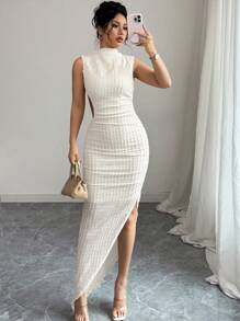 Elenzga Women Wave Texture Bodycon High Slit Dress - Apricot - View 1