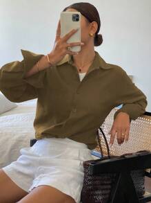 Livesso 纯色休闲百搭宽松长袖翻领口袋女衬衫，春夏亚麻，秋季学院风上衣