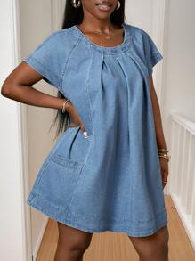 Slaydiva New Spring And Summer Casual Street Elegant Daily Date Round Neck Raglan Short Sleeves Cap Sleeves A Hem Pocket Decoration Babydoll Skirt Mini Skirt Light Wash Blue Women's Denim Dress-B - Light Wash - View 4