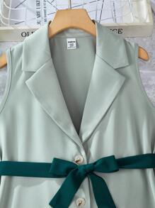 SHEIN Tween Girls Elegant Solid Color Pleated Camisole Dress Two Pieces Set - Dark Green - View 6