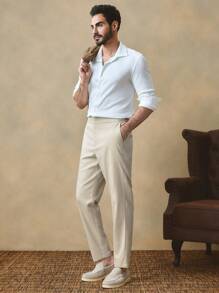 Manfinity VCAY 男士意大利风格日常通勤休闲度假松紧腰休闲裤，浅卡其色竹纤维混纺修身款 - 卡其色 - 查看 3