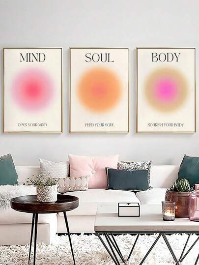 3pcs Modern Minimalist Style Canvas Print Wall Art Set, Circular Ombre Color And English Letters Printing, Suitable For Living Room And Bedroom, Reusable And Removable,Poster
